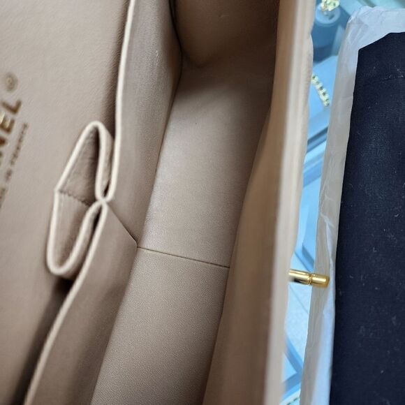 NWTS!AUTHENTIC Chanel Double Flap Beige Caviar Quilted Gold Purse/Shoulder Bag - Picture 5 of 9